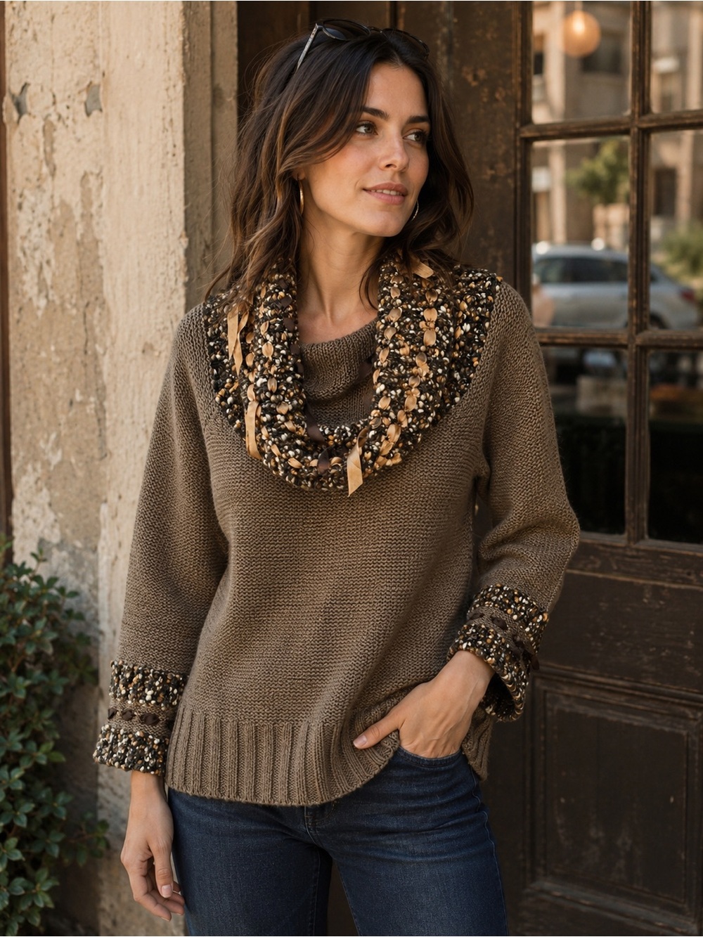 Anthropologie Curio Vtg Chunky Knit Cowl Neck Sweater Brown Ribbon Trim Boho SzL